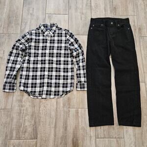 Janie and Jack Boys Outfit Plaid Button Down Shirt Black Corduroy Pants Size 8
